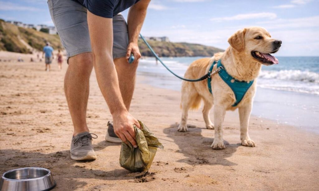 Responsible dog owner picking up after dog on beach using poo bag demonstrating essential outdoor etiquette