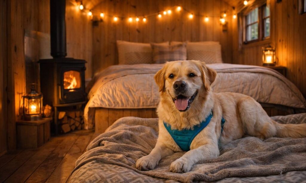 Dog relaxing inside cosy shepherd's hut with wood burner demonstrating perfect dog-friendly glamping accommodation