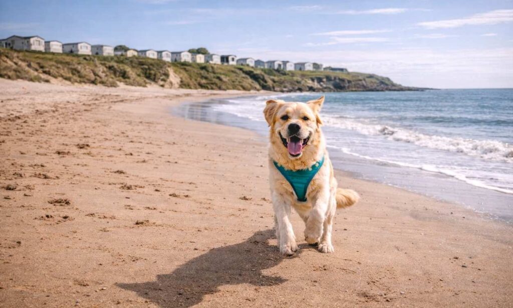 Dog running on sandy beach near holiday park demonstrating excellent beach access for dog owners