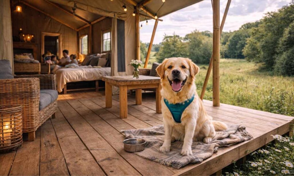 Dog on safari tent veranda in meadow setting demonstrating spacious family glamping with outdoor living