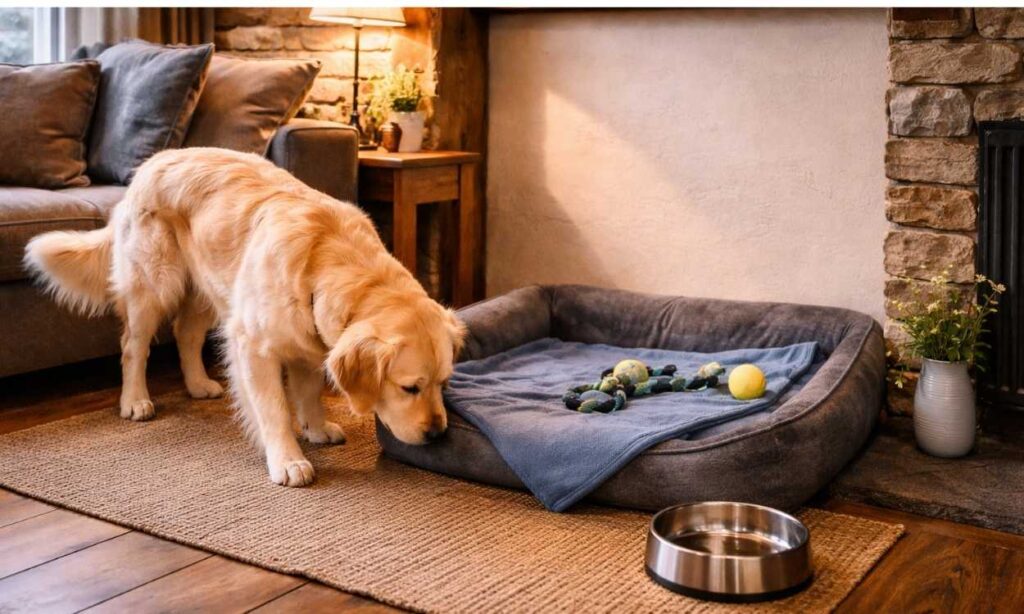 Dog's bed and comfort items set up in holiday cottage showing proper arrival setup and settling routine