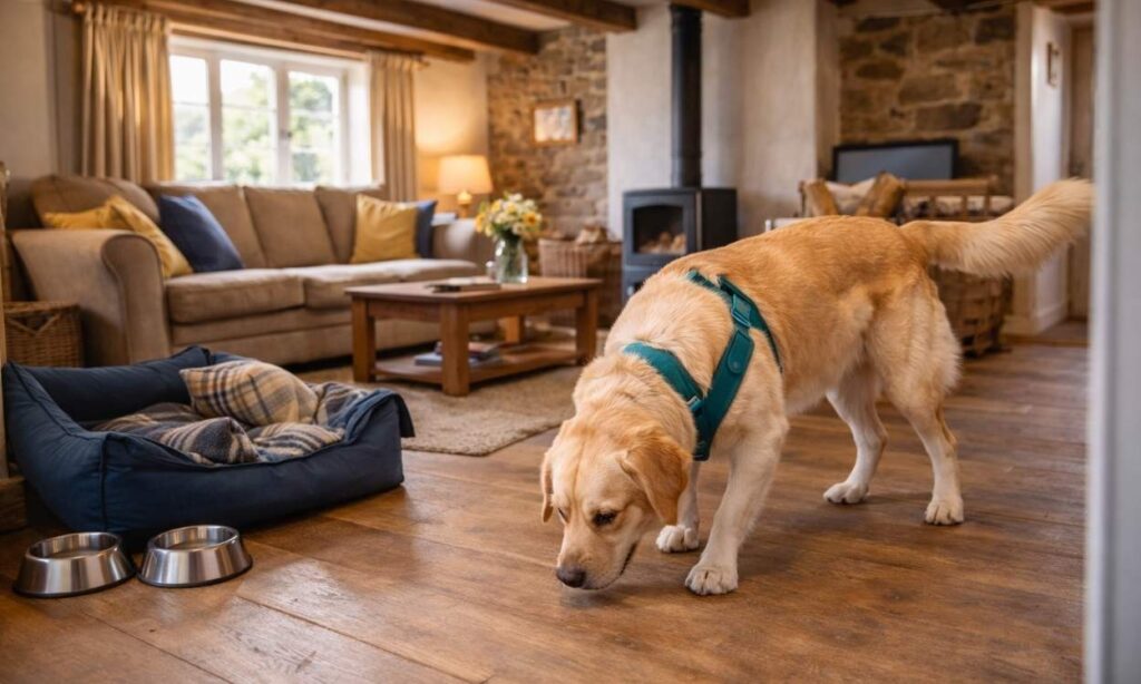 Dog exploring and settling into new holiday cottage accommodation sniffing around and adjusting to new environment