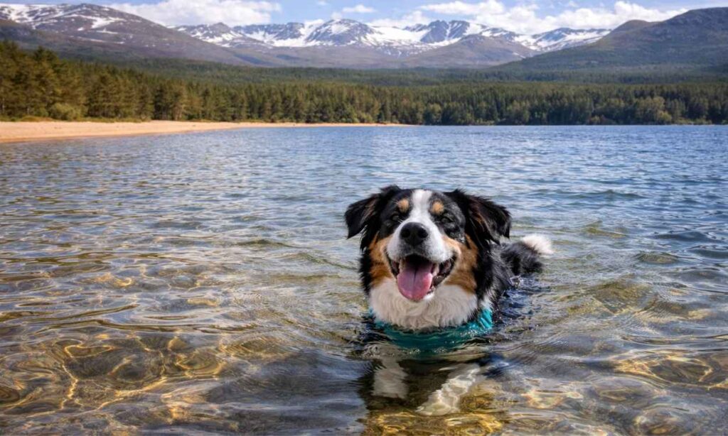 Dog enjoying swimming in Loch Morlich with sandy beach and Cairngorm mountains in background
