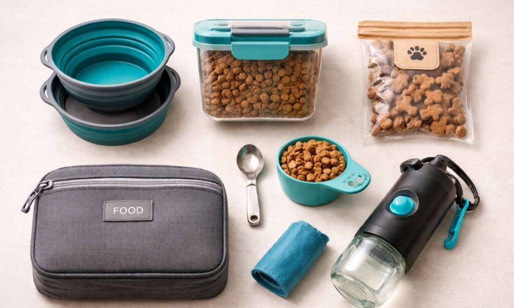 Dog travel food essentials including bowls treats and water bottles neatly organized for holiday packing