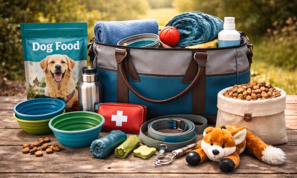 Dog holiday travel essentials neatly packed and organized including food bowls lead toys and supplies