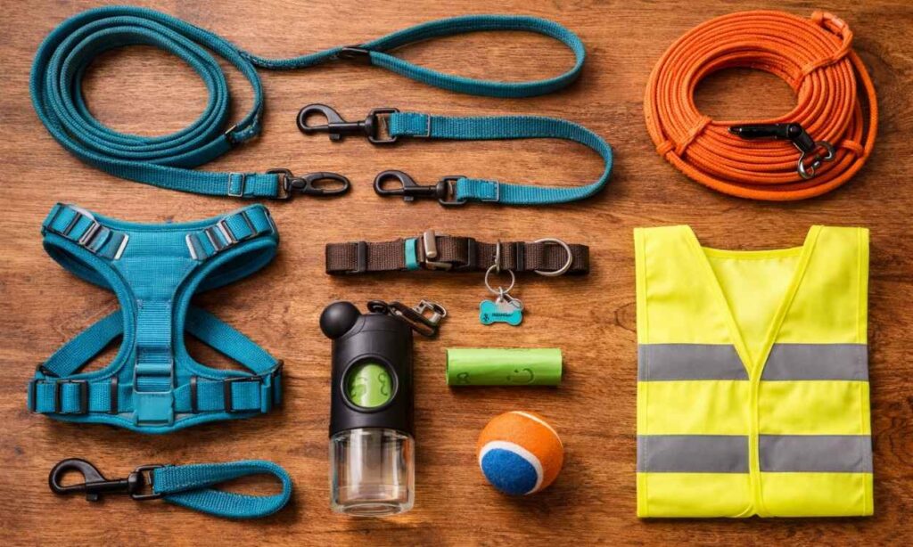 Dog walking essentials including lead harness collar and poo bags laid out ready for holiday packing