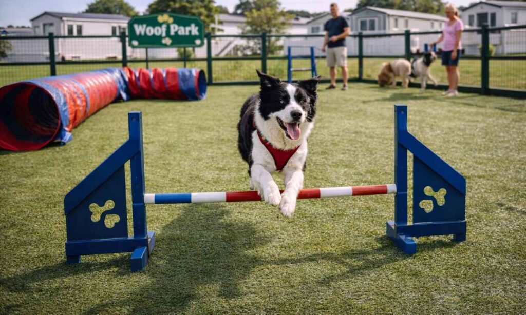 Dog enjoying agility equipment at holiday park Woof Park demonstrating dedicated dog facilities