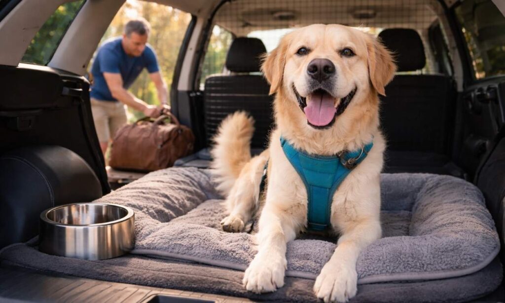 Happy excited dog ready for first holiday sitting in car with owner looking eager to travel