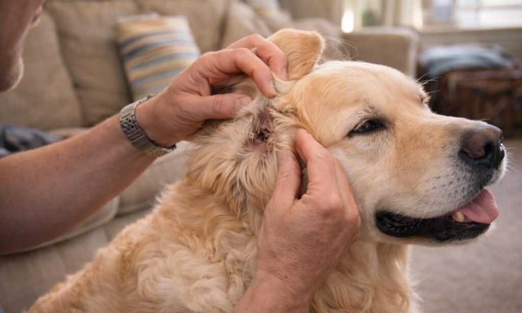 Dog owner carefully checking dog's coat for ticks after countryside holiday demonstrating post-trip health care