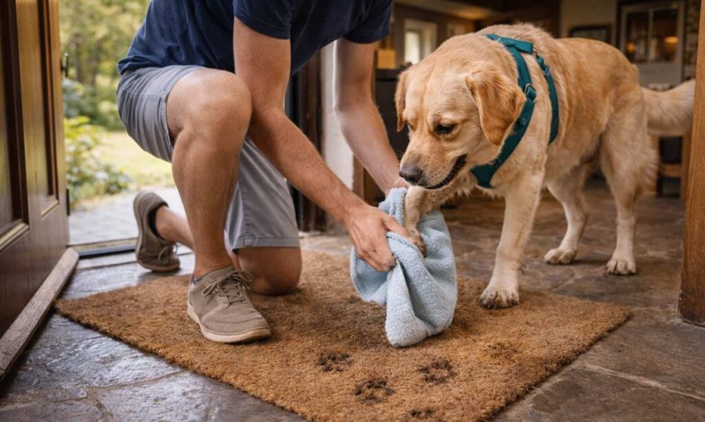 Responsible dog owner wiping muddy paws clean at cottage door demonstrating good holiday accommodation etiquette