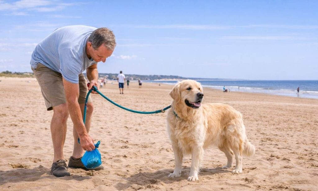 Responsible dog owner picking up after dog on beach demonstrating proper etiquette and cleanup