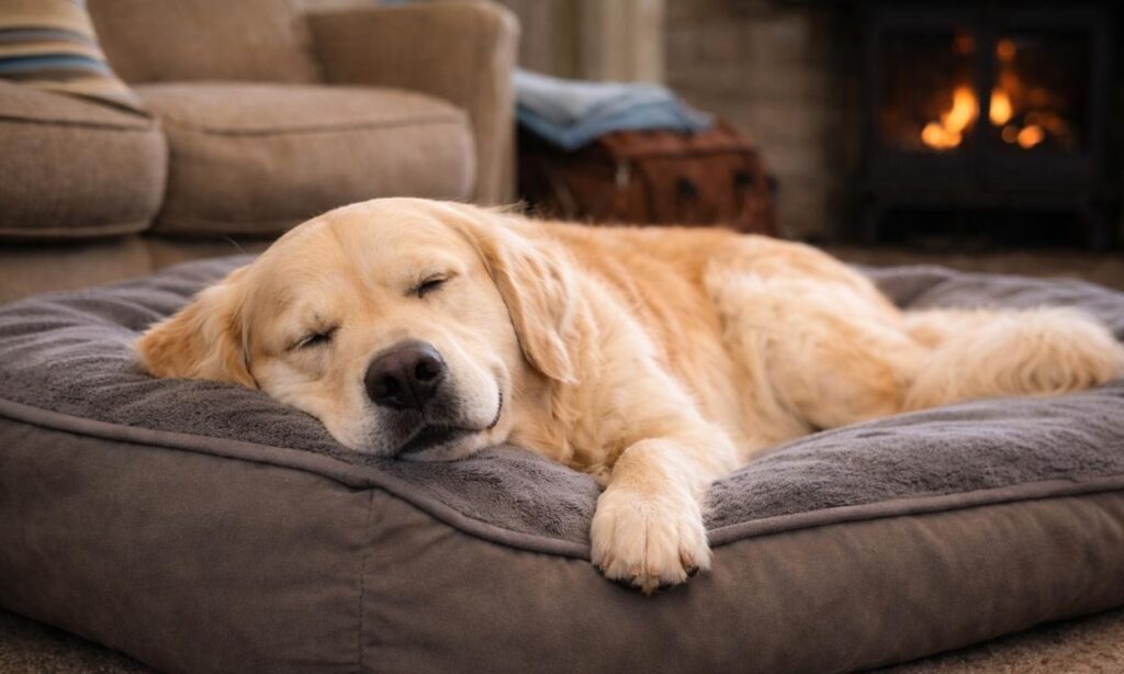 Tired dog resting peacefully at home after active holiday demonstrating need for recovery time