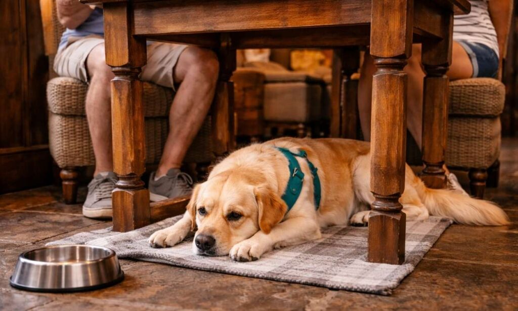 Well-behaved dog lying quietly on mat under pub table demonstrating perfect restaurant etiquette