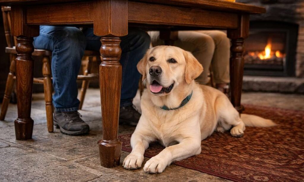 Well-behaved dog lying calmly under pub table demonstrating good restaurant etiquette